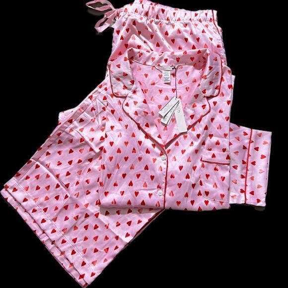 Victorias Secret Supersoft Heart SATIN button down top & bottoms pant pajama Set - Picture 1 of 4